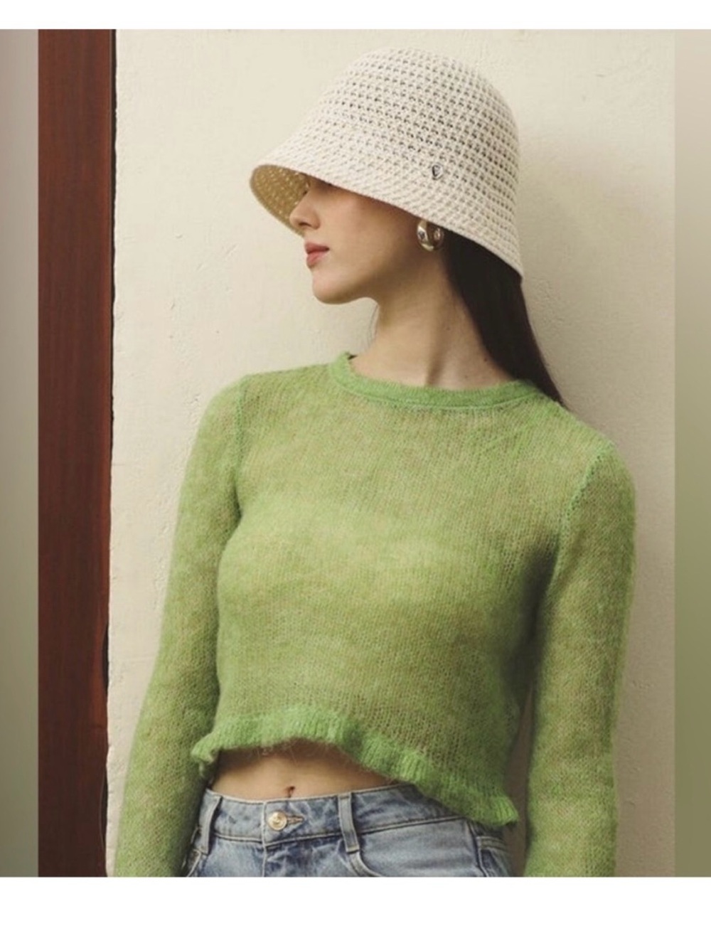 Zara Light Green Cropped Crewneck Sweater with ruffle cuffs